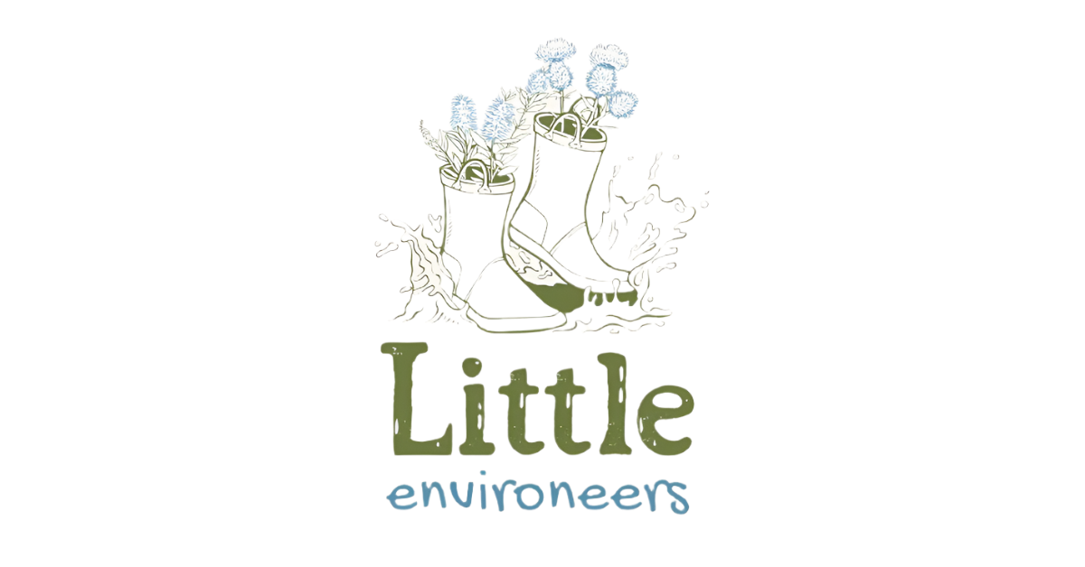 Logo of 'Little Envioreners' with illustrations of boots and flowers on a white background.